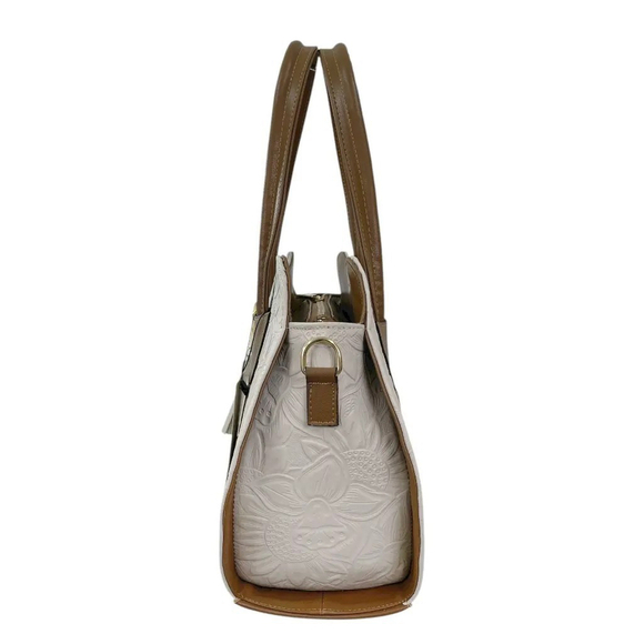 Light Beige Sunflower Embossed Tooled Artisan LEATHER Hobo Bag Purse Bolsa - Picture 5 of 14